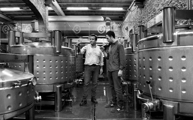 Cata de uno de los vinos de Codorníu junto a sus depósitos